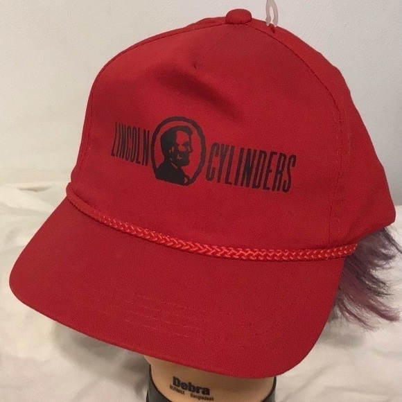 VINTAGE Lincoln Cylinders Red Snapback Mens Trucker Hat Baseball Cap w/ Cord New - Picture 1 of 6